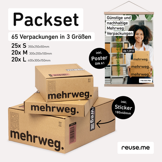 reuse.me Packset 🌱📦 Verkaufe günstige und nachhaltige Mehrweg Verpackungen an deine Kunden – 25x S 350x250x50mm, 20x M 300x200x150mm, 20x L 400x300x150mm